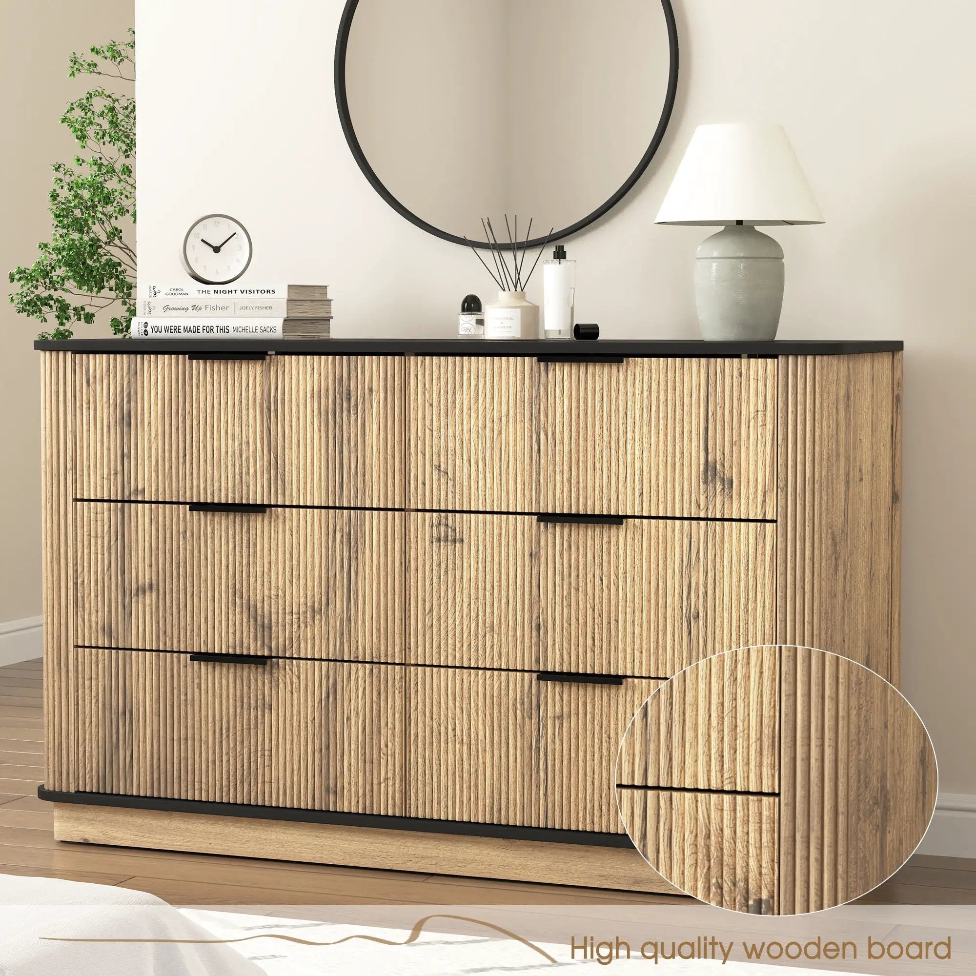 Modern 6 Drawer Cabinet With Metal Rounded Corners And Exquisite Handles Multi Functional Storage - Natural Wood by HouseOfZazla