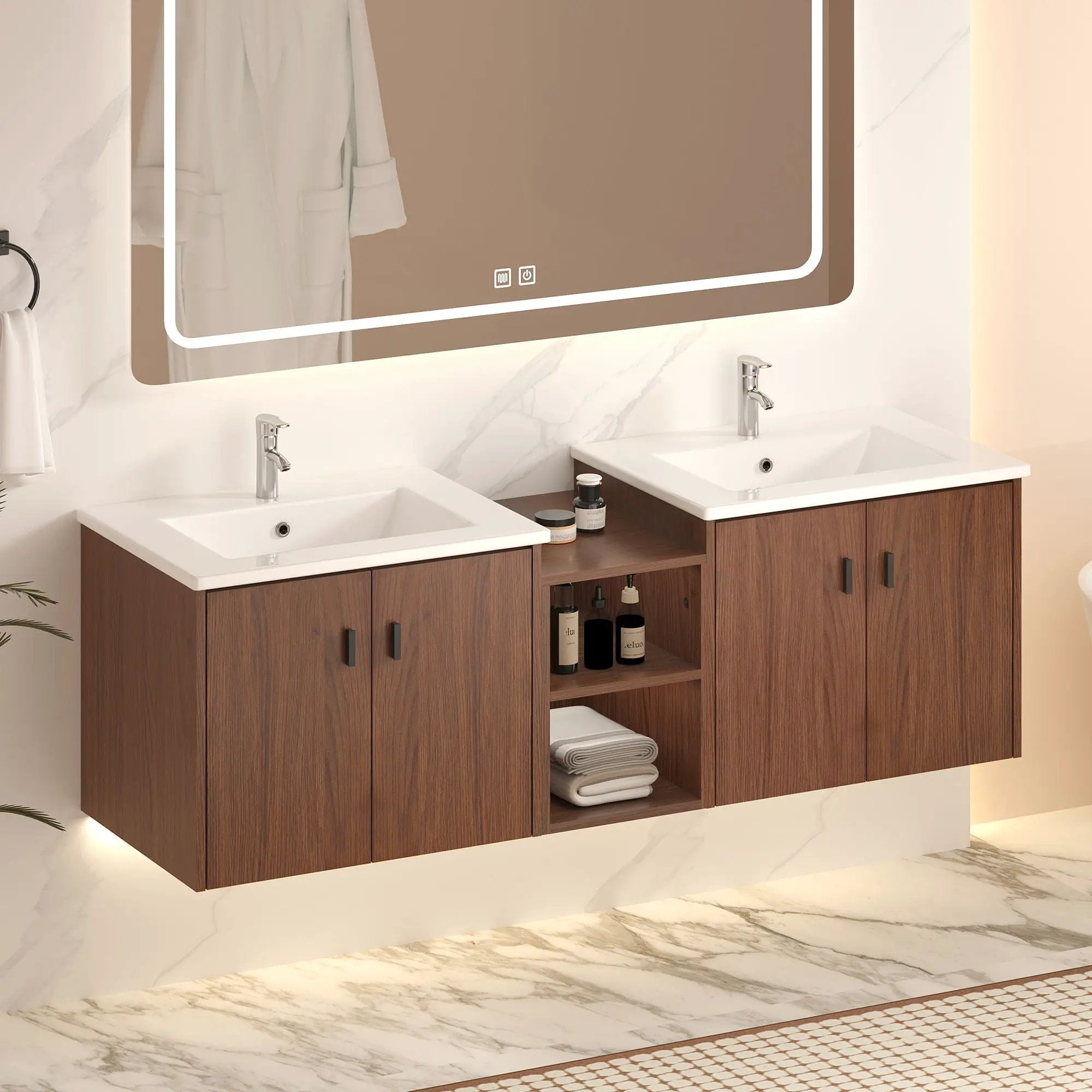 Soft Close Doors Bathroom Vanity With Small Storage Shelves, 24" And 12" Combination Cabinet - Reddish Brown by HouseOfZazla
