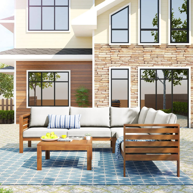 Wood Structure Outdoor Sofa Set with Beige Cushions by HouseOfZazla