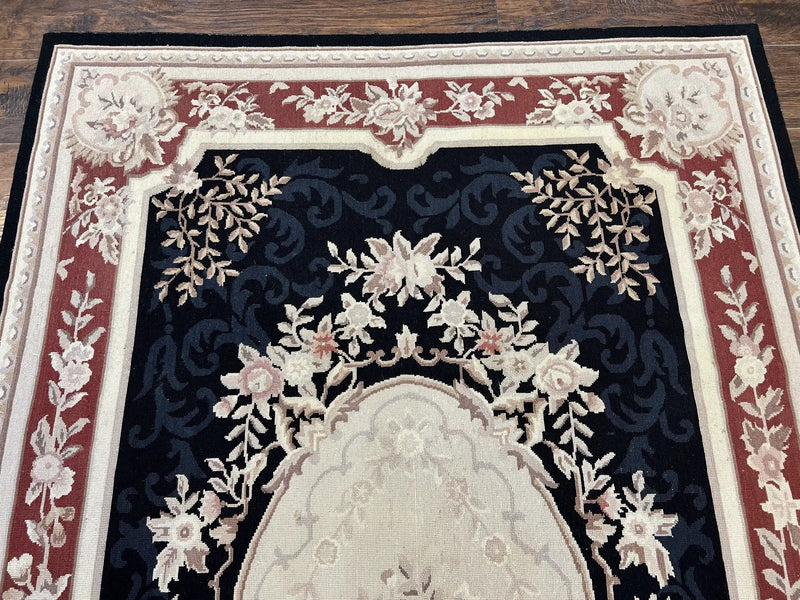 Needlepoint Rug 5x8, Wool Handmade Vintage European Design Carpet, Black & Maroon, French Aubusson Pattern Flatweave Rug by Jewel Rugs
