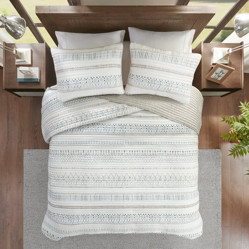 3 Piece Seersucker Quilt Set Taupe Blue King Cal King by HouseOfZazla