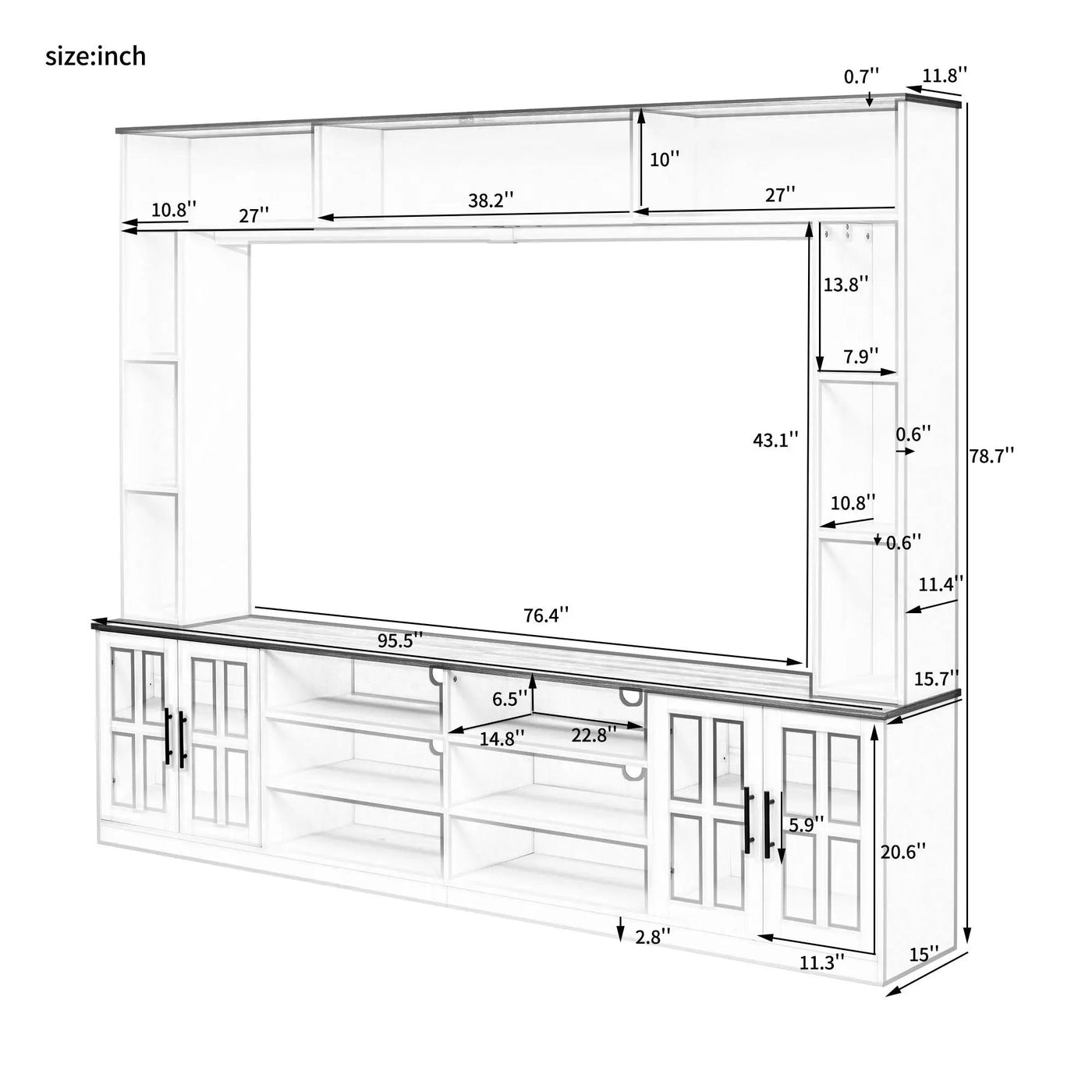 Wall Unit Entertainment Center With Bookshelves For TVs Up To 80", Tempered Glass Doors And Adjustable Shelves by Unique Piece Furniture