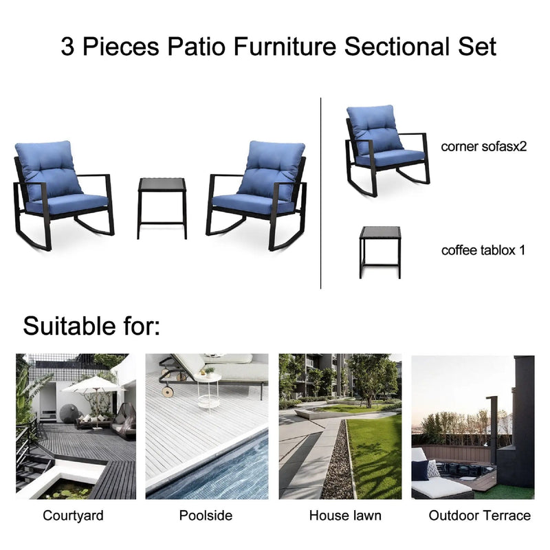 3 Pieces Patio Bistro Set Outdoor Rocking Chair with Blue Cushion for Yard Garden Poolside by HouseOfZazla