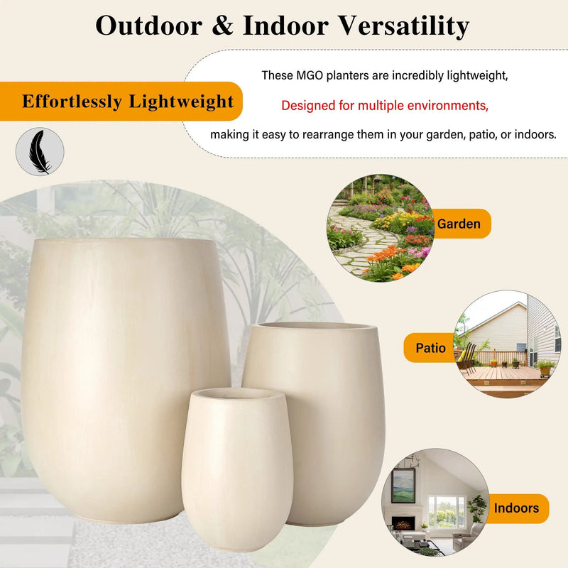 U_STYLE Lightweight Round MGO Outdoor Planter Set - 3 Sizes by HouseOfZazla