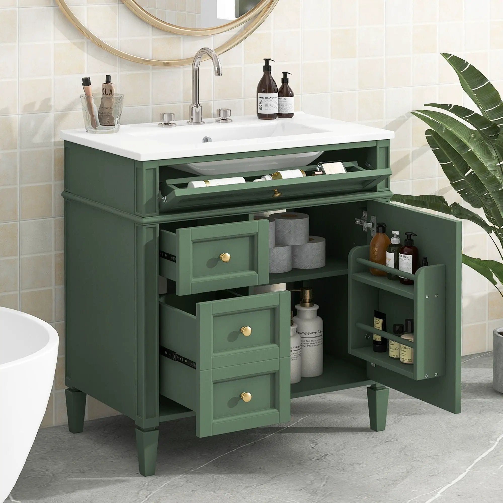 Bathroom Vanity With Top Sink, Storage Cabinet With 2 Drawers, Tip Out Drawer by Unique Piece Furniture