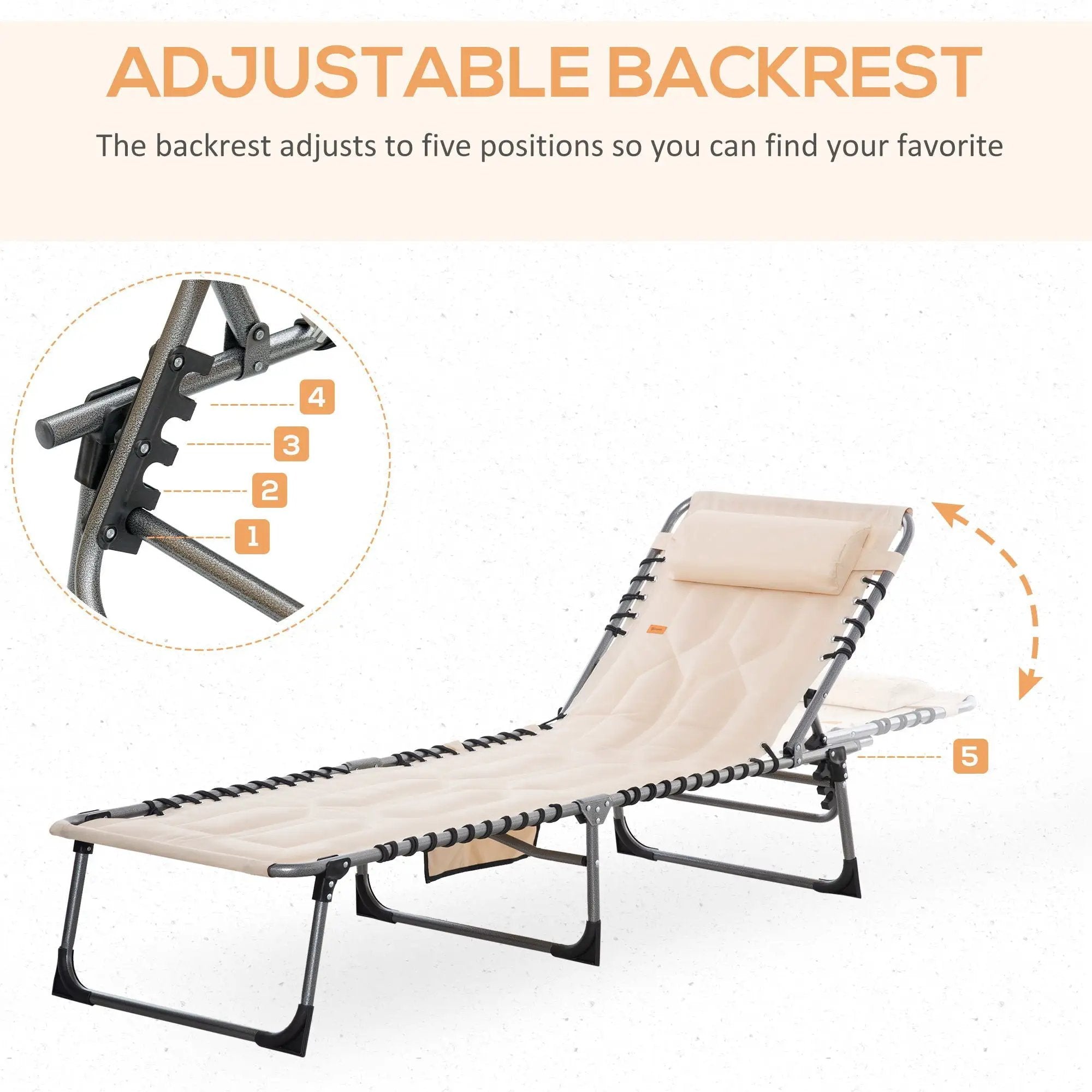 Outsunny - Padded Folding Chaise Lounge Chair, Outdoor 6-Level Reclining Camping Tanning Chair With Headrest For Beach, Yard, Patio, Pool - Beige by Unique Piece Furniture
