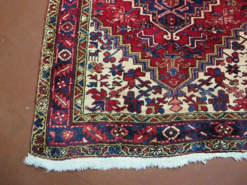 Persian Runner Rug, Heriz Runner Rug, Geometric Medallions, Red Cream Navy Blue Wool Hallway Rug 3.9 x 10.8 Antique Oriental Runner Handmade by Jewel Rugs