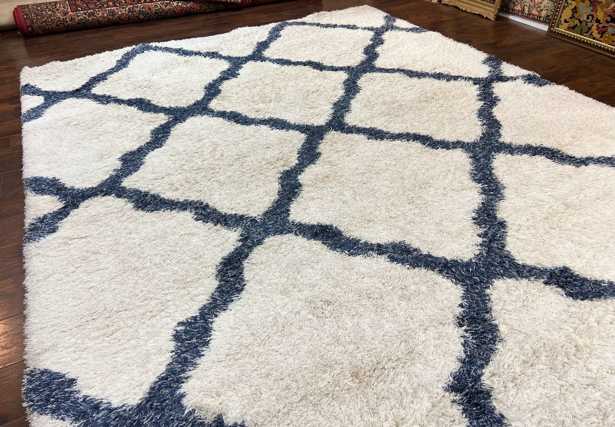 Modern Shag Rug 9x12, Ivory and Dark Blue, Diamond Pattern, Soft, Room Sized, Contemporary Rug, Plush by Jewel Rugs