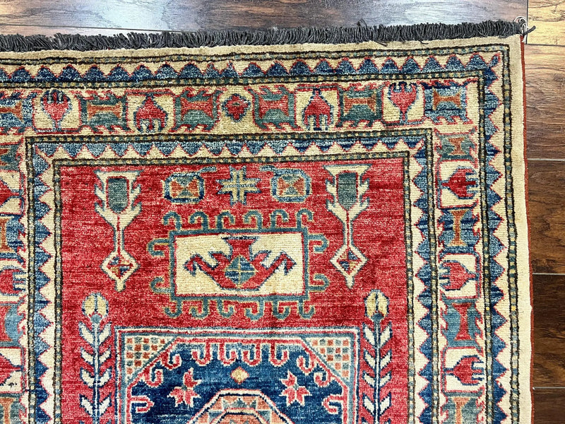 Turkish Kazak Rug 3x4, Wool Hand Knotted Small Vintage Carpet, Red Navy Blue, 3 x 4 Oriental Rug, Geometric Design by Jewel Rugs