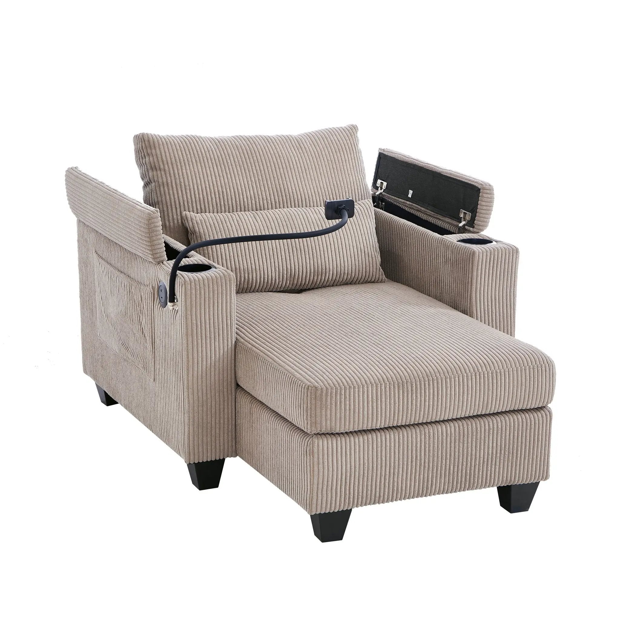 Convertible Chaise Lounge Sofa Chair With USB Ports, Cup Holders, Phone Holder And Storage by Unique Piece Furniture