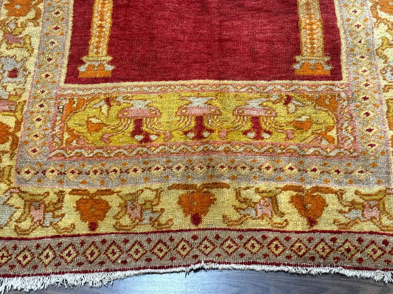 Antique Turkish Prayer Rug 4x6, Red and Golden Mustard, Mihrab Design, Anatolian Carpet by Jewel Rugs