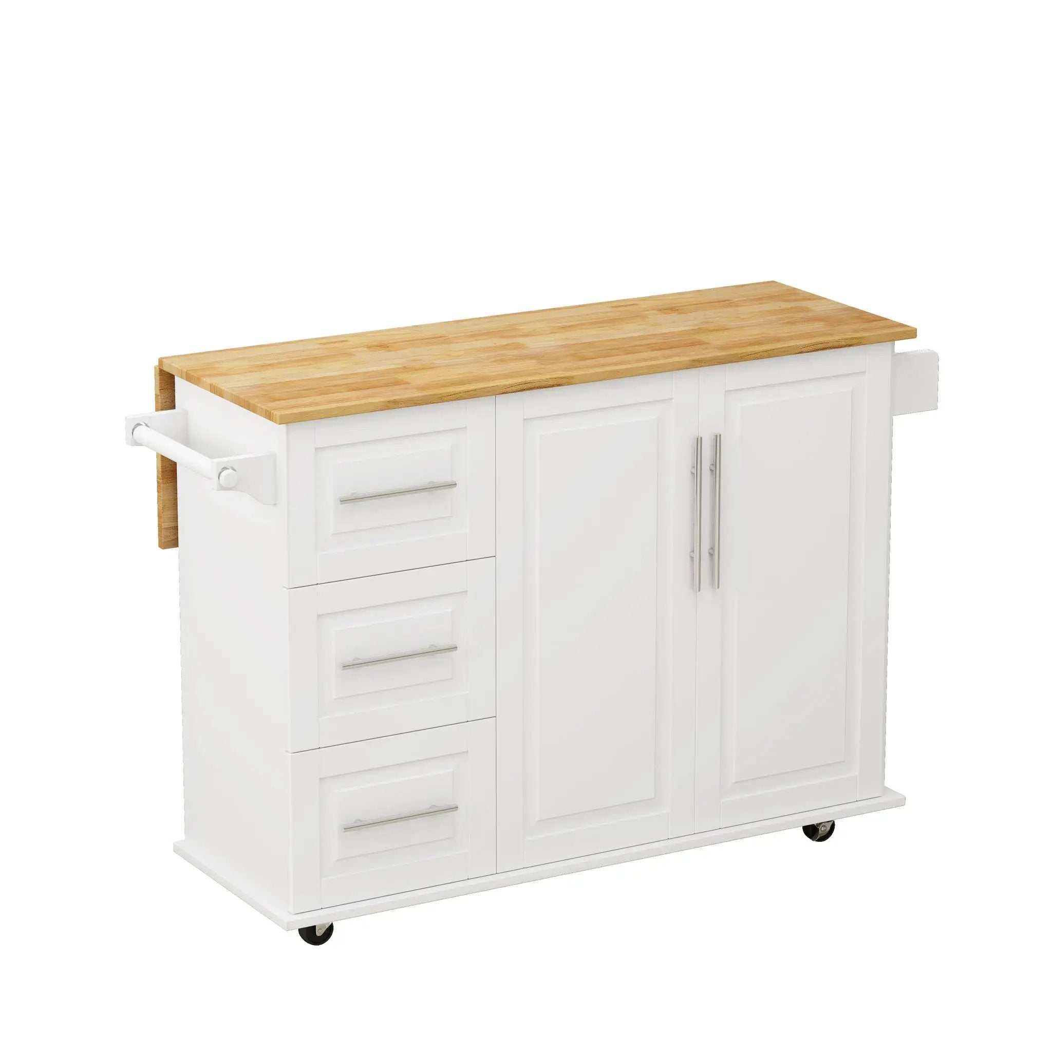 Kitchen Island Cart With 2 Door Cabinet, 3 Drawers, Spice Rack & Towel Rack - White by Unique Piece Furniture