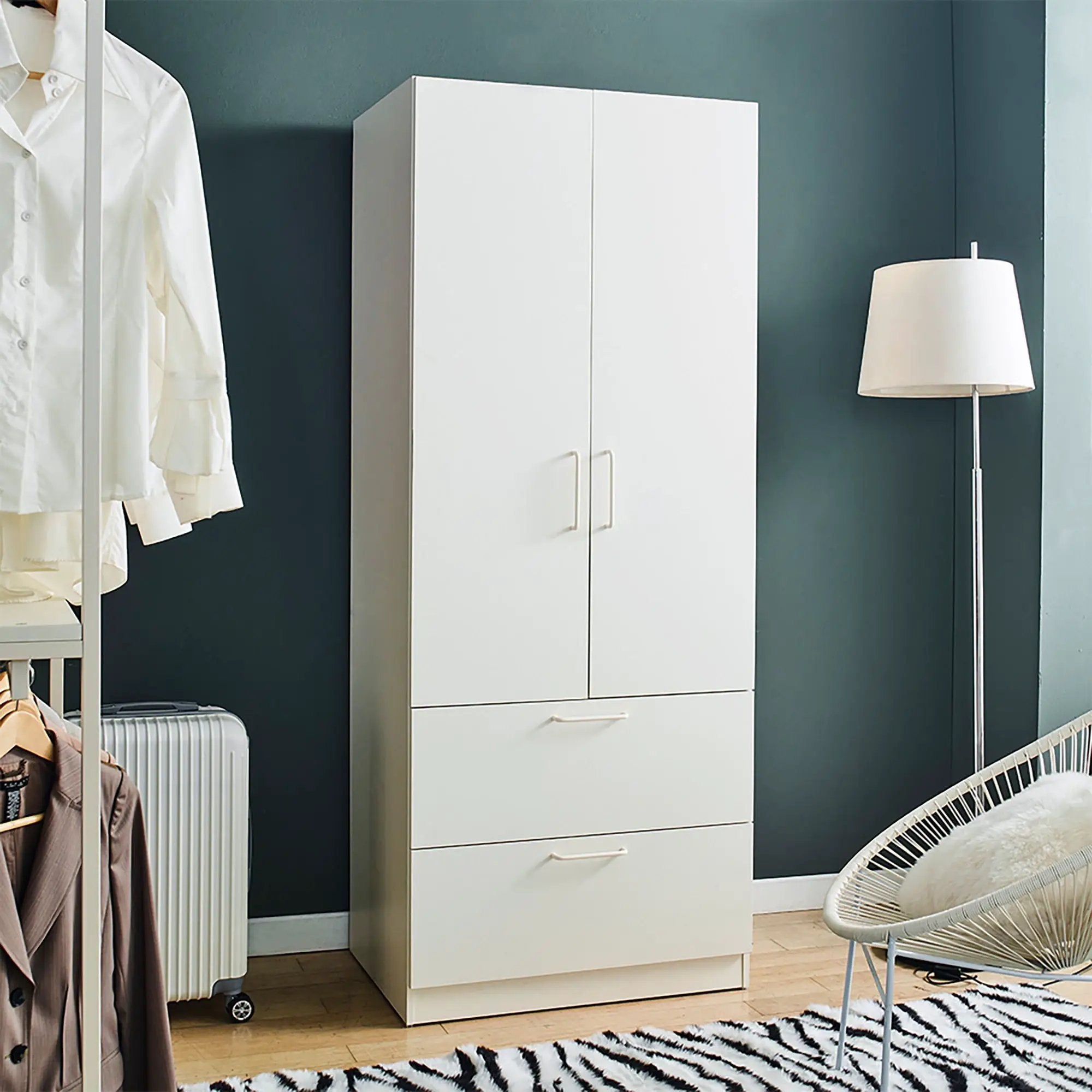 Emma - 2 Door Closet With 2 Drawers And Hanging Bars - White by HouseOfZazla