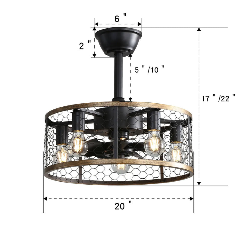 20" Industrial Caged Ceiling Fan With 7 - ABS Blades Remote Control, Small Ceiling Fan Reversible DC Motor - Black by HouseOfZazla