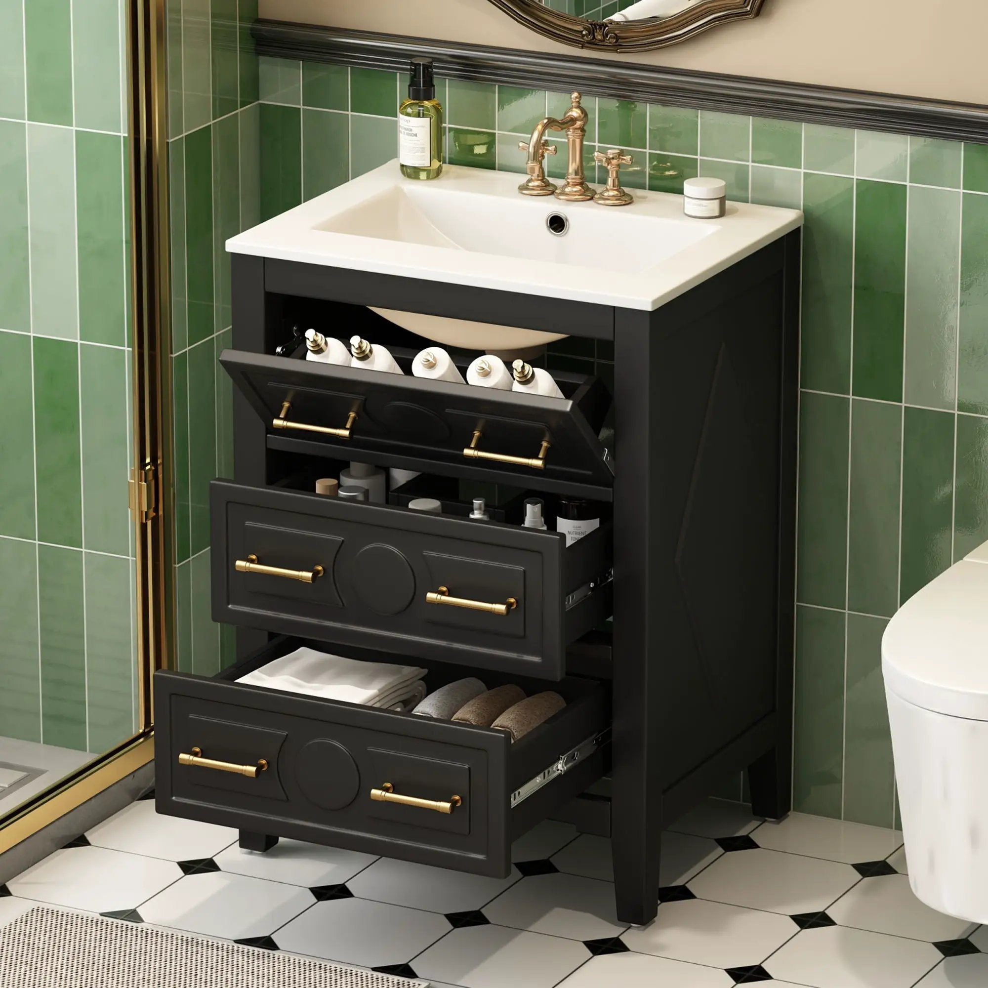 Bathroom Vanity With Sink, Free Standing Single Set, 3 Drawer Storage Cabinet by Unique Piece Furniture
