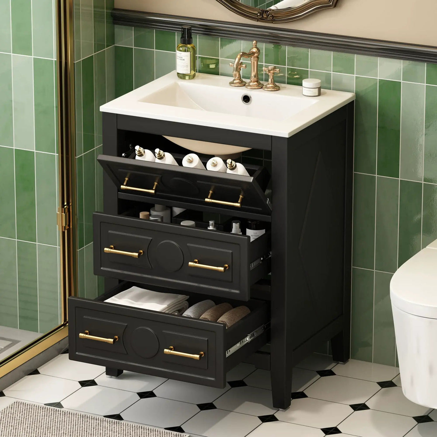 Bathroom Vanity With Sink, Free Standing Single Set, 3 Drawer Storage Cabinet by Unique Piece Furniture