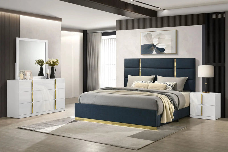 Ines 4-piece Eastern King Bedroom Set Navy and White High Gloss by Unique Piece Furniture