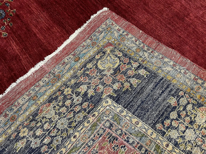 Large Persian Sarouk Rug 10x17, Open Field, Red and Navy Blue, Palace Sized Oversized Hand Knotted Wool Oriental Carpet Flowers Vases Antique 1920s by Jewel Rugs