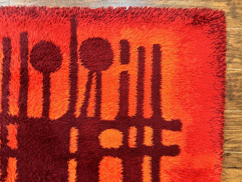 Danish Rya Shag Rug 4x6, Red Vintage Mid Century Retro Abstract Shag Rug by Jewel Rugs