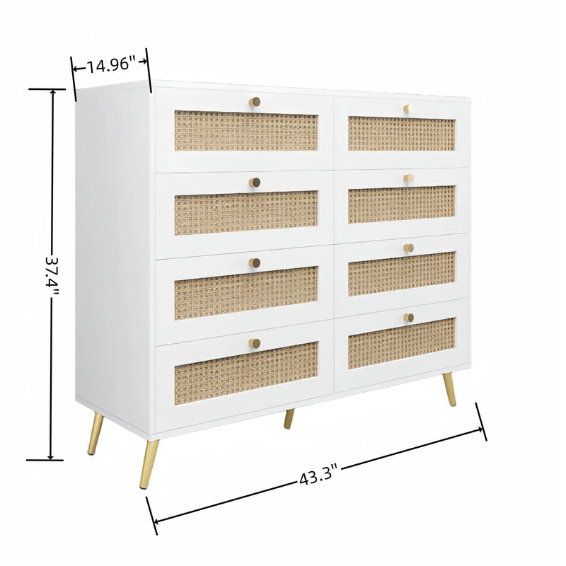 8 Drawers Chest Of Drawers With Rattan Drawer Face Golden Legs And Handles - White by Unique Piece Furniture