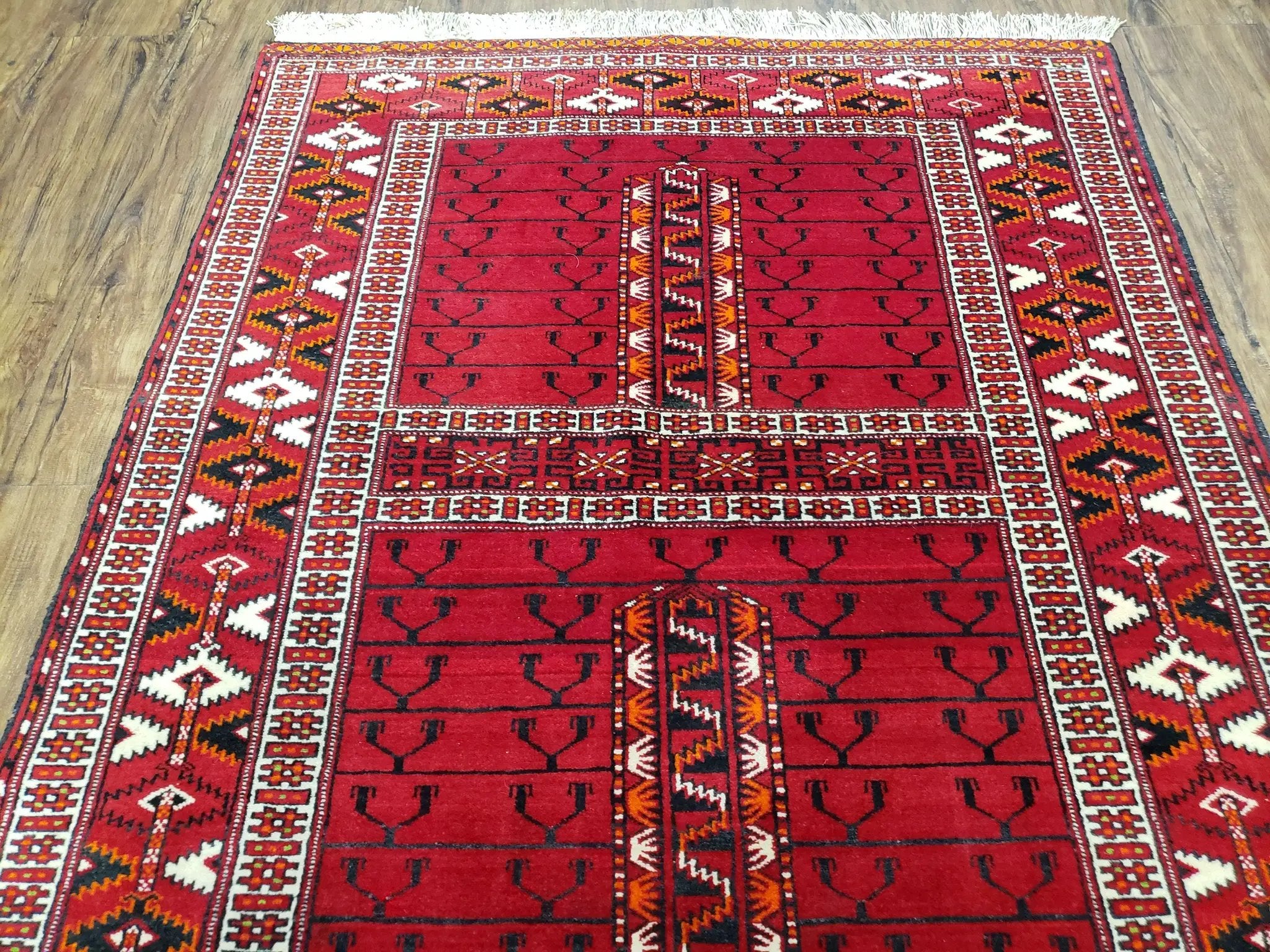 Antique Persian Turkoman Rug 4x5, Hatchli Tekkeh Ersari Red Tribal Rug, Handmade Wool Oriental Carpet, Four Seasons Rug by Jewel Rugs