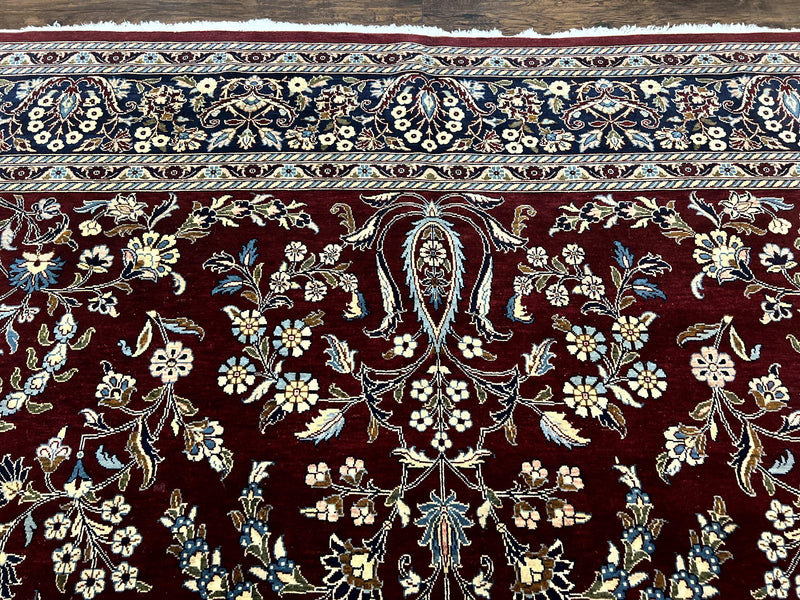 Indo Persian Sarouk Rug 9x12, Floral Allover, Dark Red & Navy Blue, Handmade Vintage Wool Carpet by Jewel Rugs