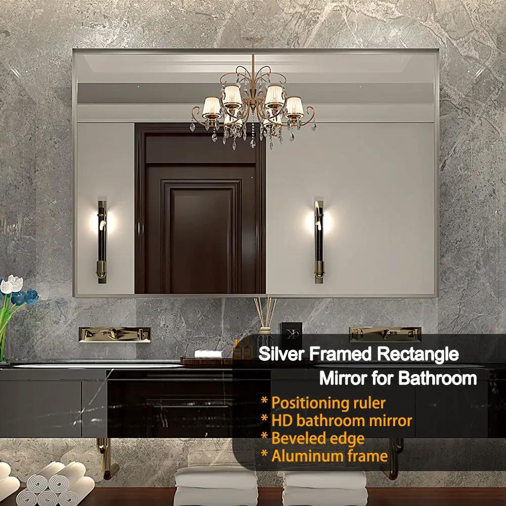 40X30" Silver Rectangular Wall-Mounted Beveled Bathroom Mirror, Square Angle Metal Frame Wall Mounted Bathroom Mirrors For Wall (Horizontal & Vertical) - Silver by HouseOfZazla