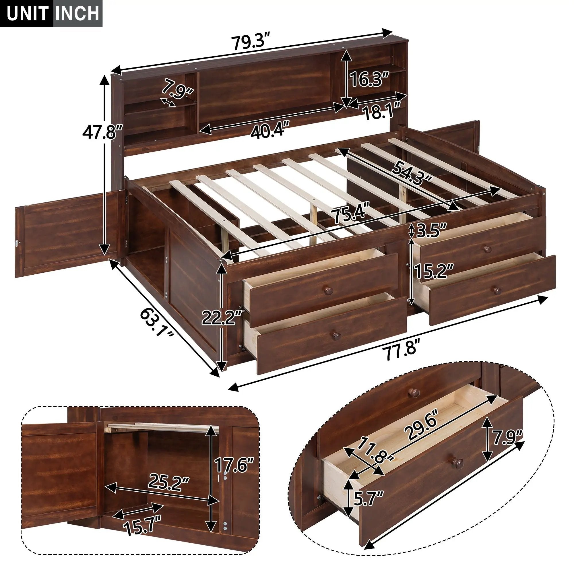 Full Size Captain Bed With Built In Storage Shelves, 4 Drawers And 2 Cabinets - Antique Brown by Unique Piece Furniture