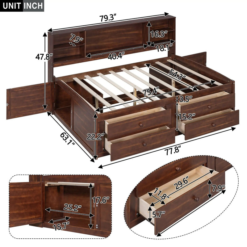 Full Size Captain Bed With Built In Storage Shelves, 4 Drawers And 2 Cabinets - Antique Brown by Unique Piece Furniture