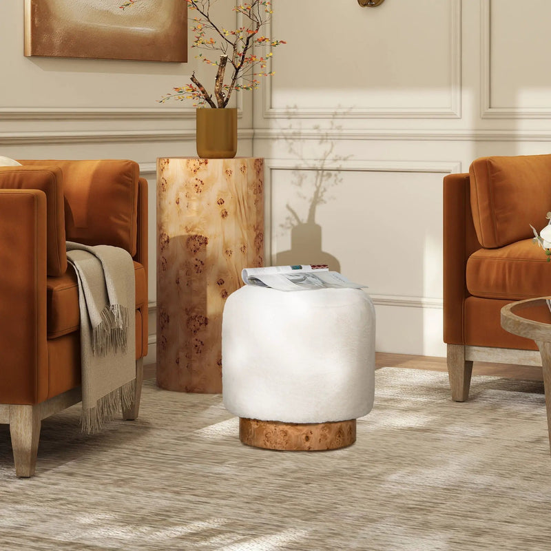 Tilly - Round Fur Upholstered / Burl Pouf Ottoman - White by Unique Piece Furniture