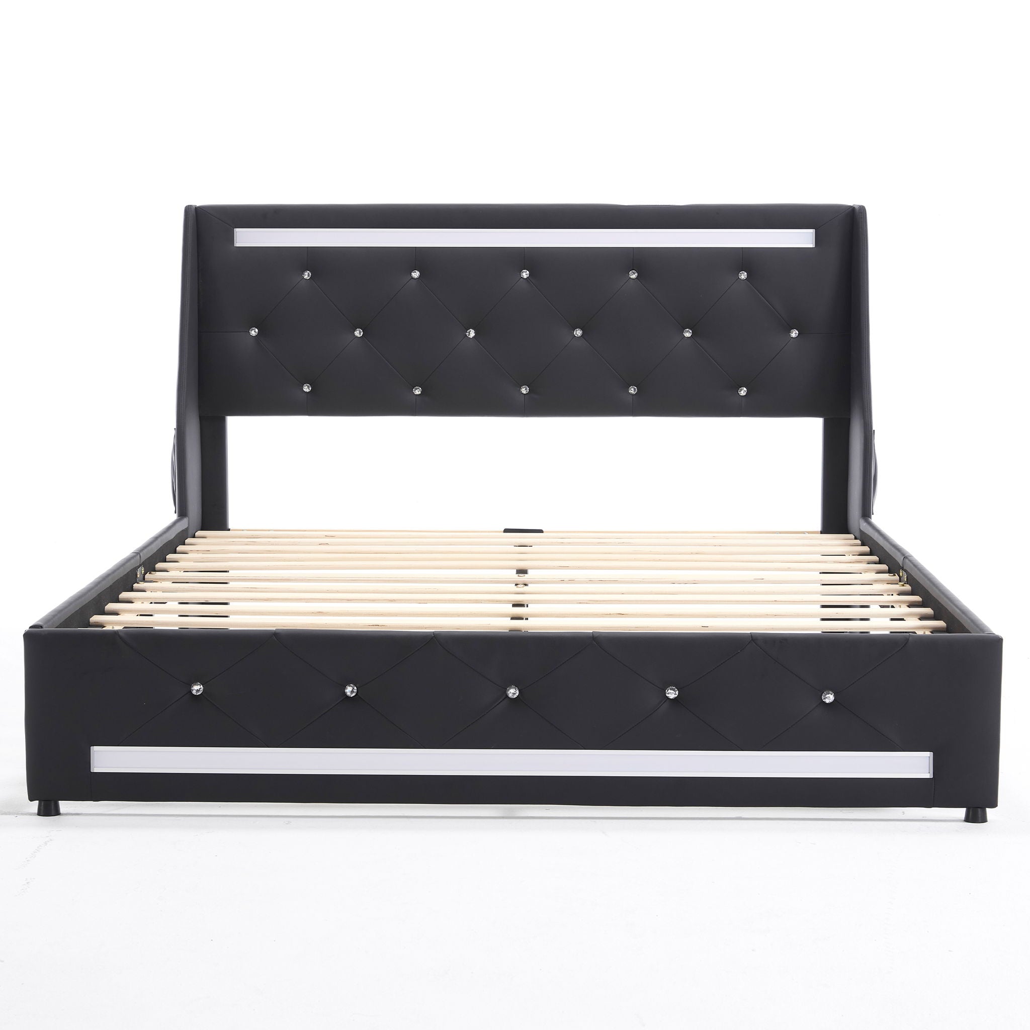 Wingback Upholstered Bed Frame With LED Lights, Charging Station by HouseOfZazla
