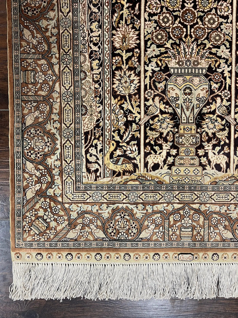 Turkish Silk Hereke Rug 2x3, Floral Vase Tree of Life Birds, Silk Pile on Silk Foundation, Vintage Oriental Carpet, Very Fine, Signature by Jewel Rugs