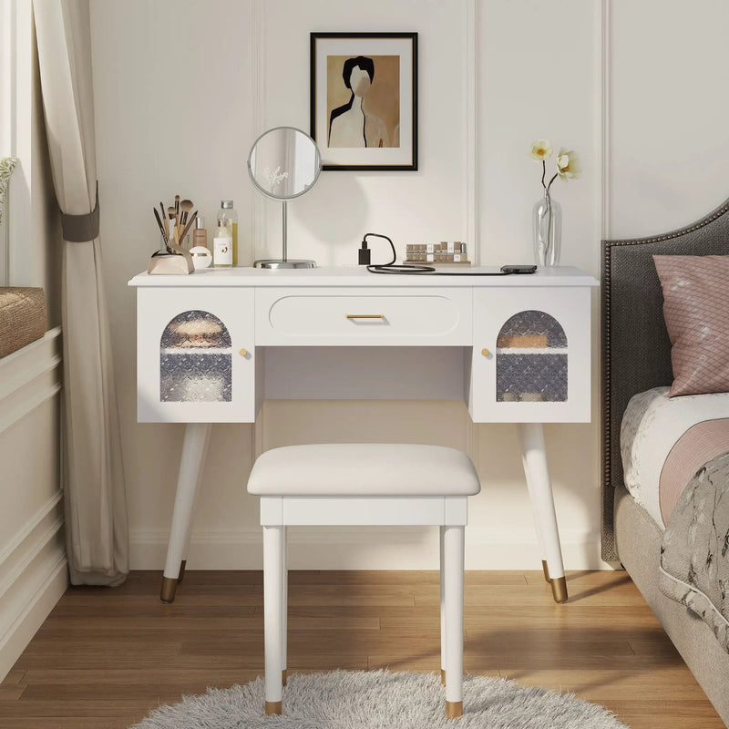 Elegant Vanity Makeup Table & Chair Set Modern Dressing Table With Organizer Writing Desk Charging Port Engineered Wood - White by Unique Piece Furniture