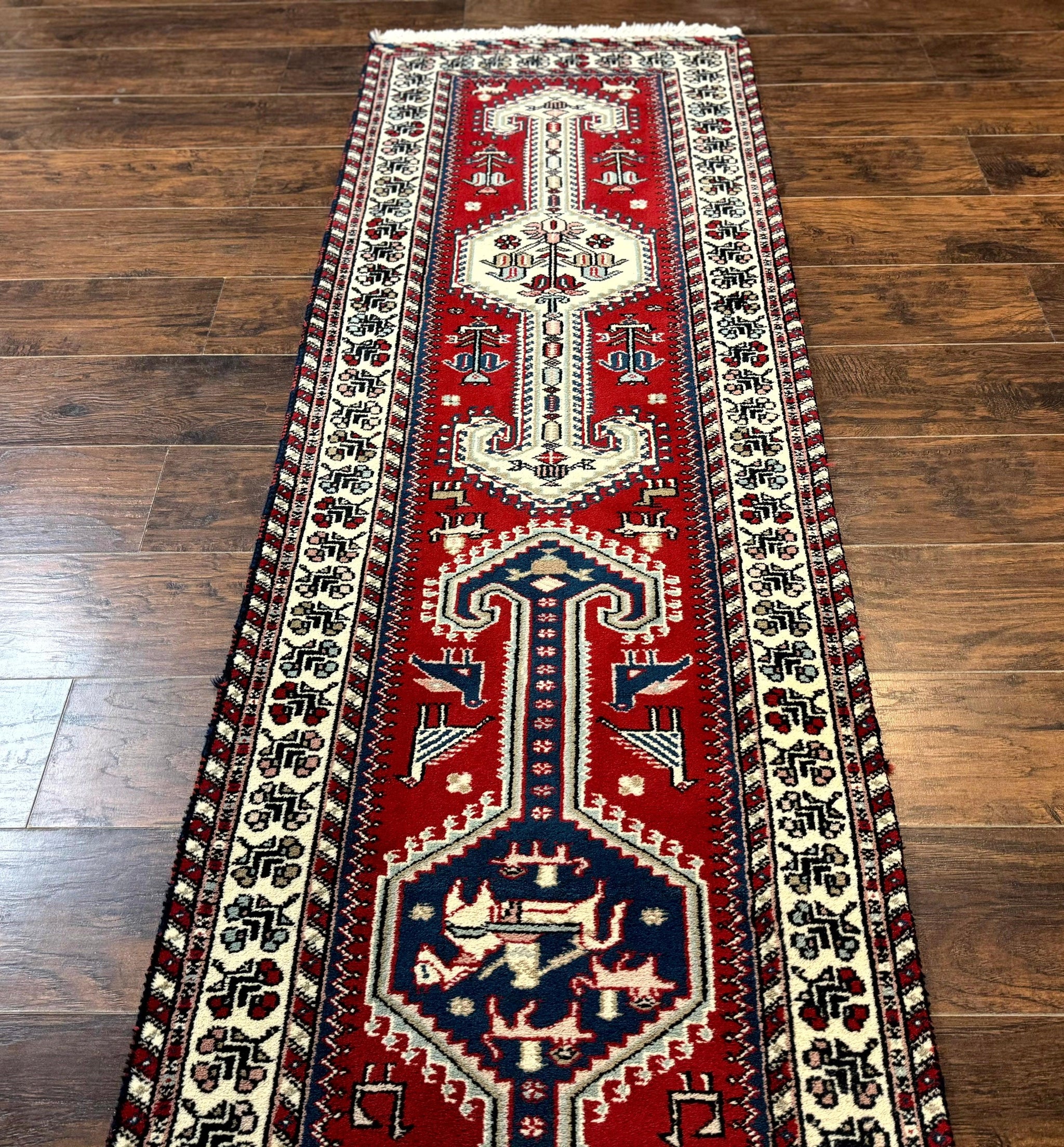 Indo Persian Runner Rug 2.6 x 12, Heriz Geometric Caucasian Design, Animal Pictorials, Tribal Runner Rug, Vintage Handmade Wool Red by Jewel Rugs
