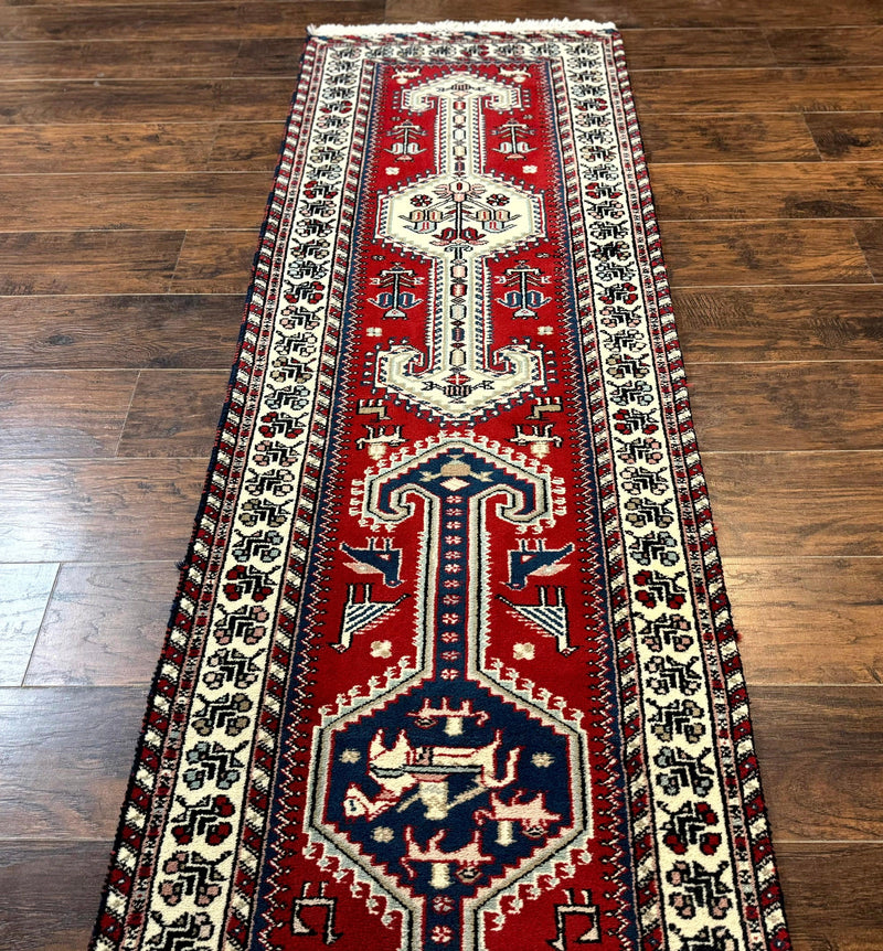 Indo Persian Runner Rug 2.6 x 12, Heriz Geometric Caucasian Design, Animal Pictorials, Tribal Runner Rug, Vintage Handmade Wool Red by Jewel Rugs