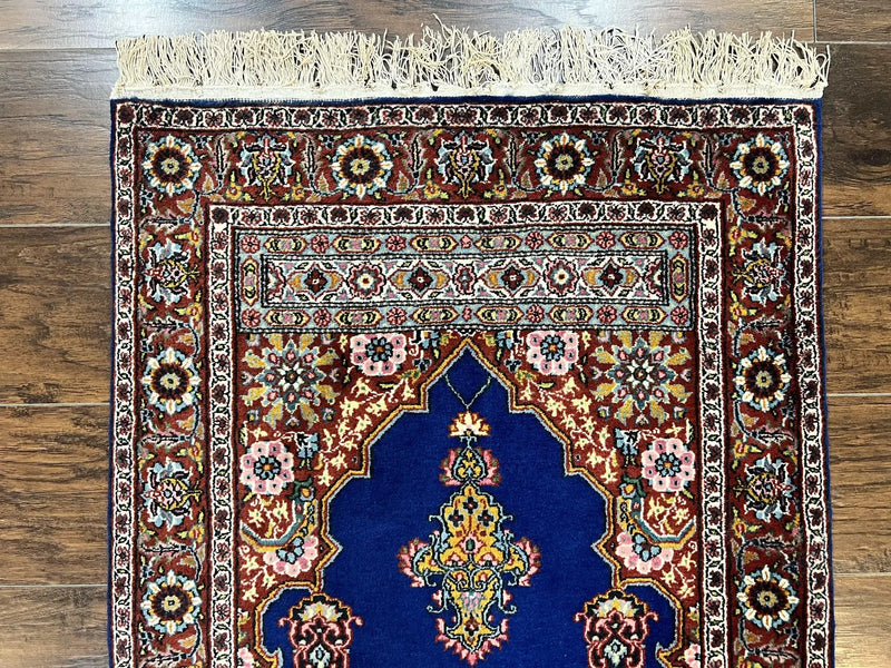 Indo Persian Prayer Rug 3x5, Fine Oriental Carpet, Dark Blue and Red, Vintage Hand Knotted Handmade Prayer Rug by Jewel Rugs