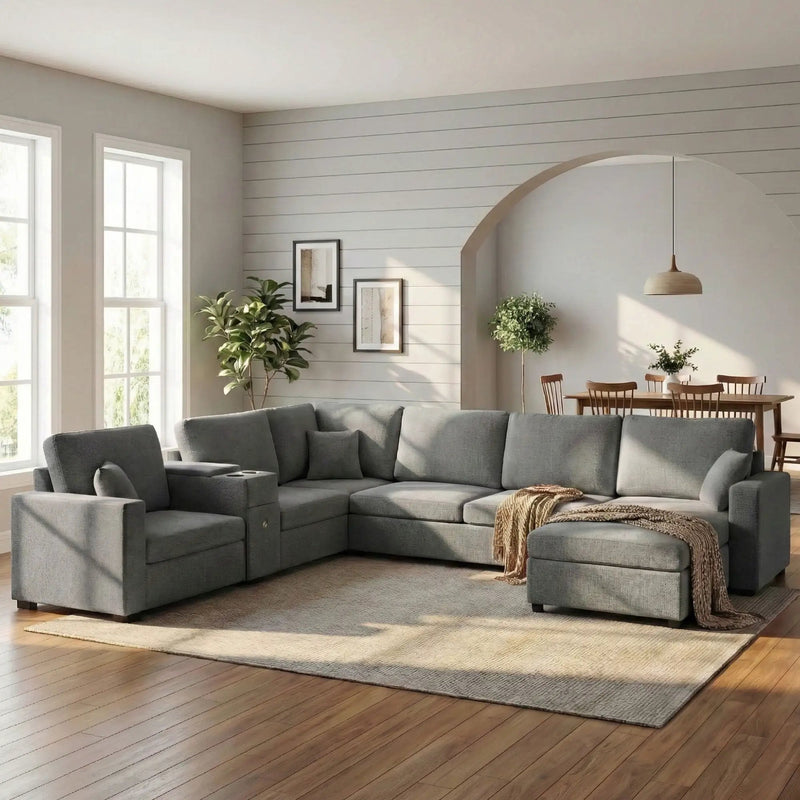 Modular 5 Seat U-Shape Sectional Sofa With Chaise Lounge, Built In Cup Holders And Storage Drawer by Unique Piece Furniture