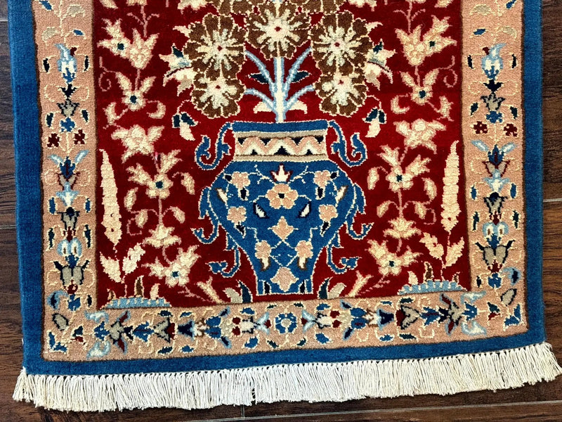 Small Persian Nain Rug, Persian Vase Tree of Life Design, Red and Blue, Very Fine 260 KPSI, Wool and Silk Highlights by Jewel Rugs