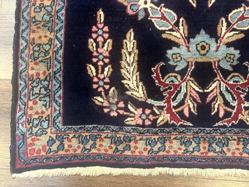 Antique Persian Kerman Rug 2.8 x 4, Navy Blue, Floral by Jewel Rugs