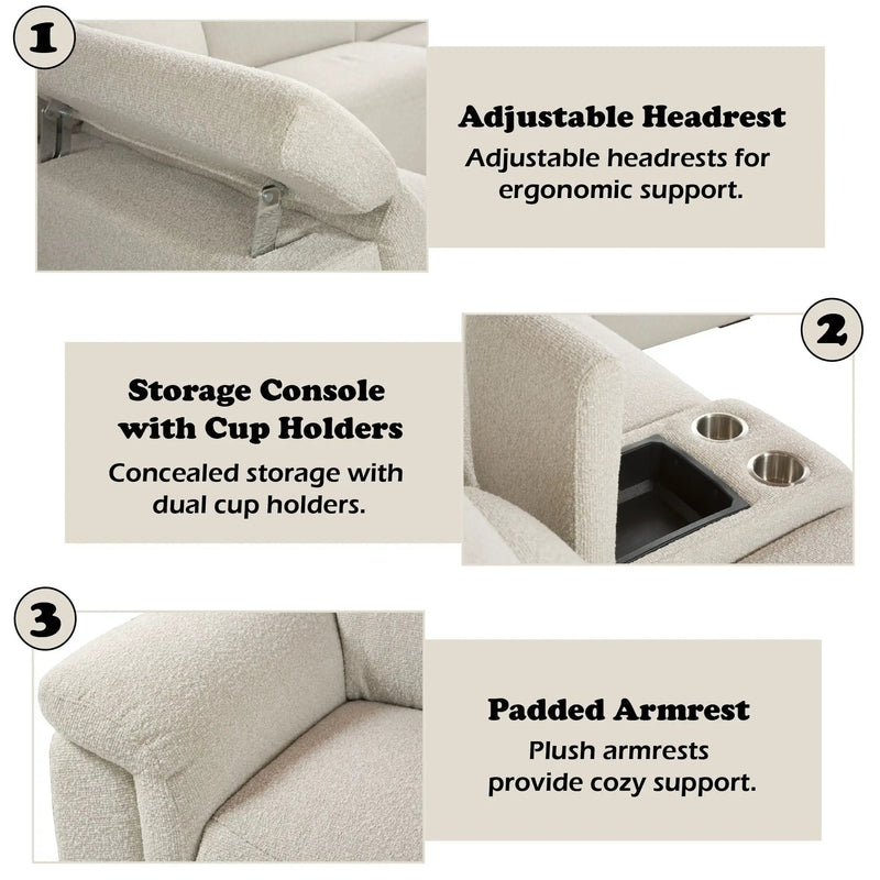 Dayana - Boucle Power Recliner Sectional Sofa For 5 People With Cupholder Console Adjustable Headrest - Beige by HouseOfZazla
