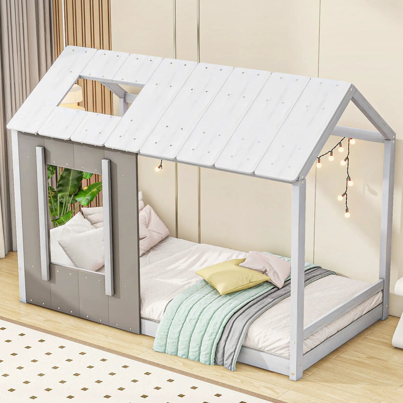 Twin Size House Platform Bed With Roof And Window - Natural / White by HouseOfZazla