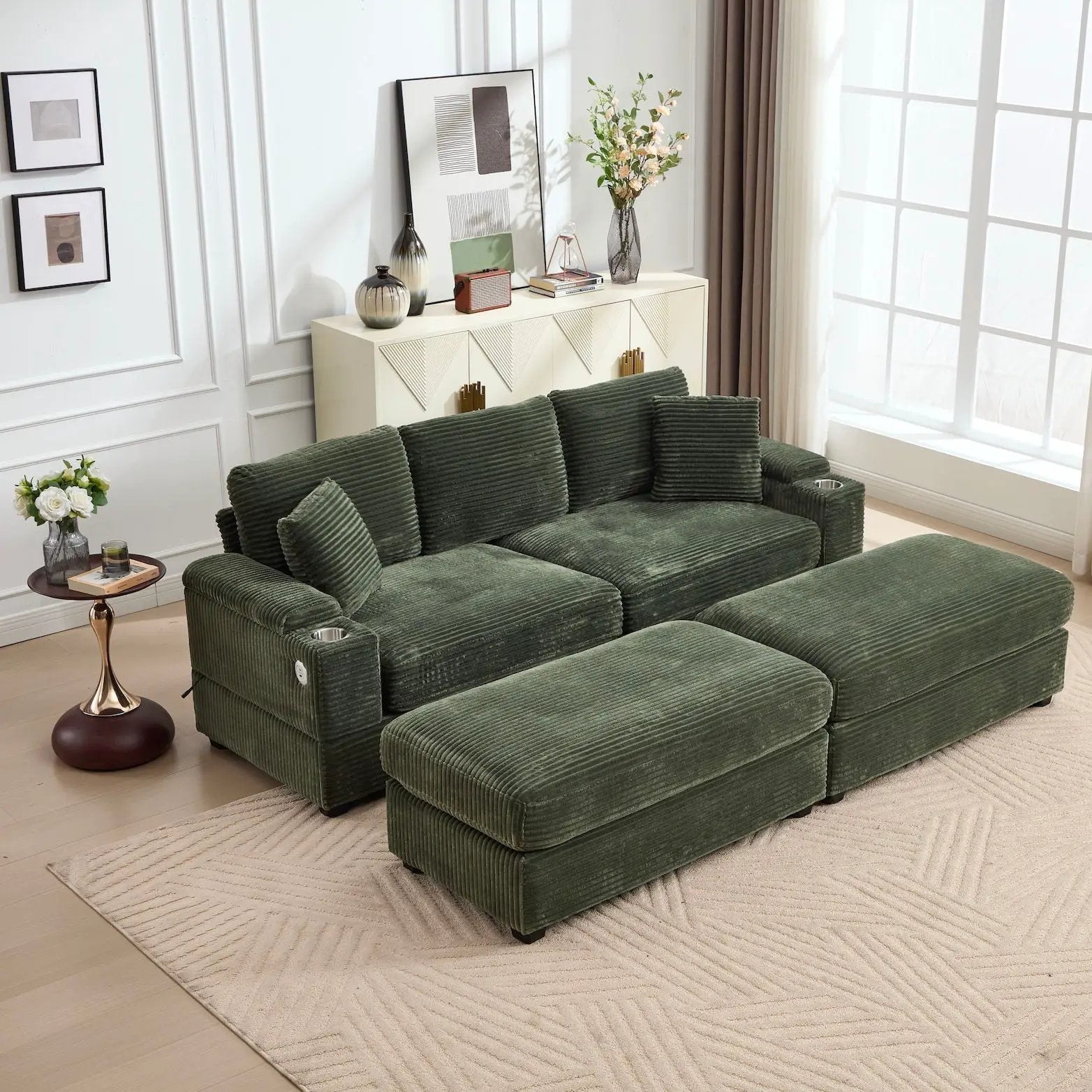 Convertible Sectional Sofa Bed Set With Armrest Storage, Cup Holder, USB, 4 Seater - Green by Unique Piece Furniture