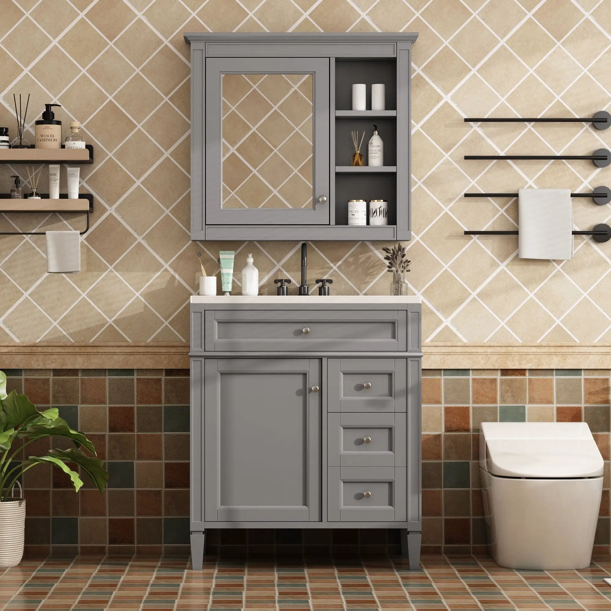 Bathroom Vanity With Top Sink, Freestanding Storage Cabinet With 2 Doors And 3 Drawers, Mirror Cabinet Included - Gray by Unique Piece Furniture