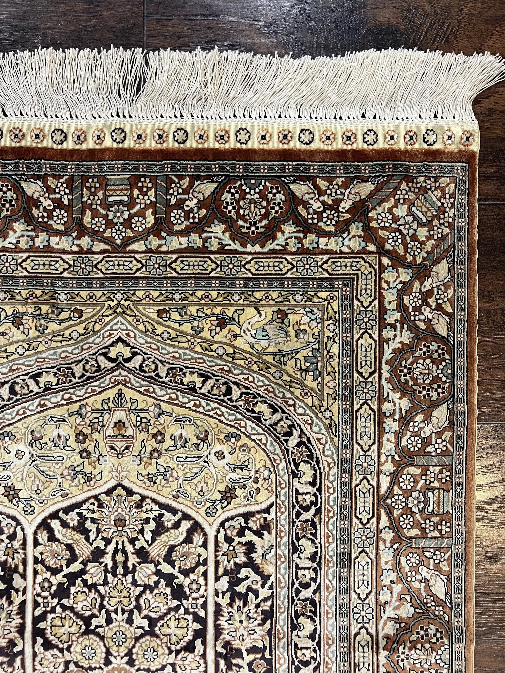Turkish Silk Hereke Rug 2x3, Floral Vase Tree of Life Birds, Silk Pile on Silk Foundation, Vintage Oriental Carpet, Very Fine, Signature by Jewel Rugs