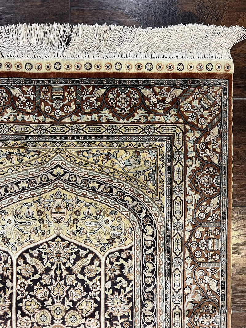 Turkish Silk Hereke Rug 2x3, Floral Vase Tree of Life Birds, Silk Pile on Silk Foundation, Vintage Oriental Carpet, Very Fine, Signature by Jewel Rugs