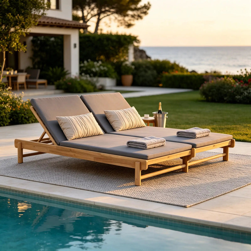 Light Teak Acacia Wood Double Chaise Lounger Set by HouseOfZazla
