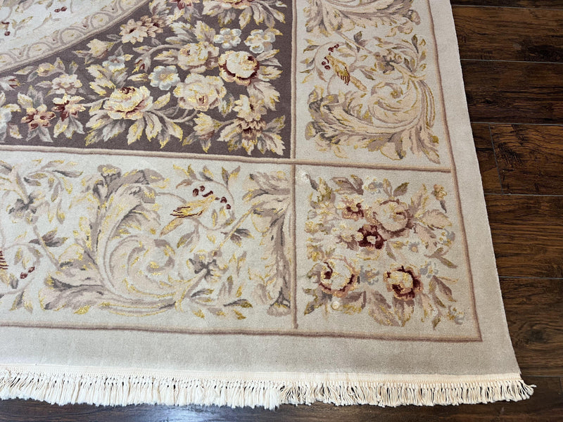 Aubusson Rug 10x14, Wool & Silk Highlights Hand Knotted Vintage Carpet, Birds Flowers, Fine Details, Elegant by Jewel Rugs