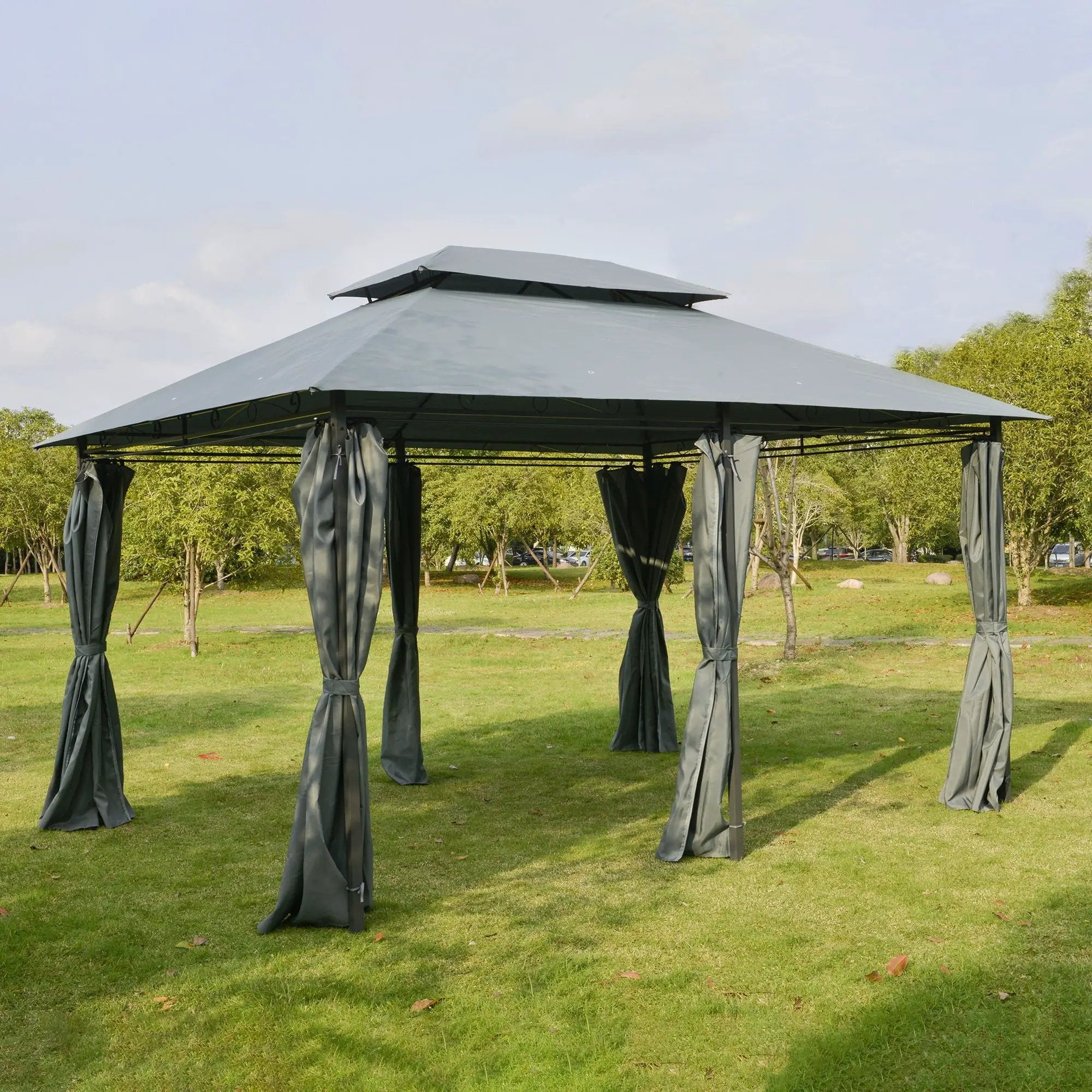 Outsunny - Patio Gazebo, Outdoor Gazebo Canopy Shelter With Curtains, Vented Roof, Steel Frame For Garden, Lawn, Backyard And Deck, - Sage Gray by Unique Piece Furniture