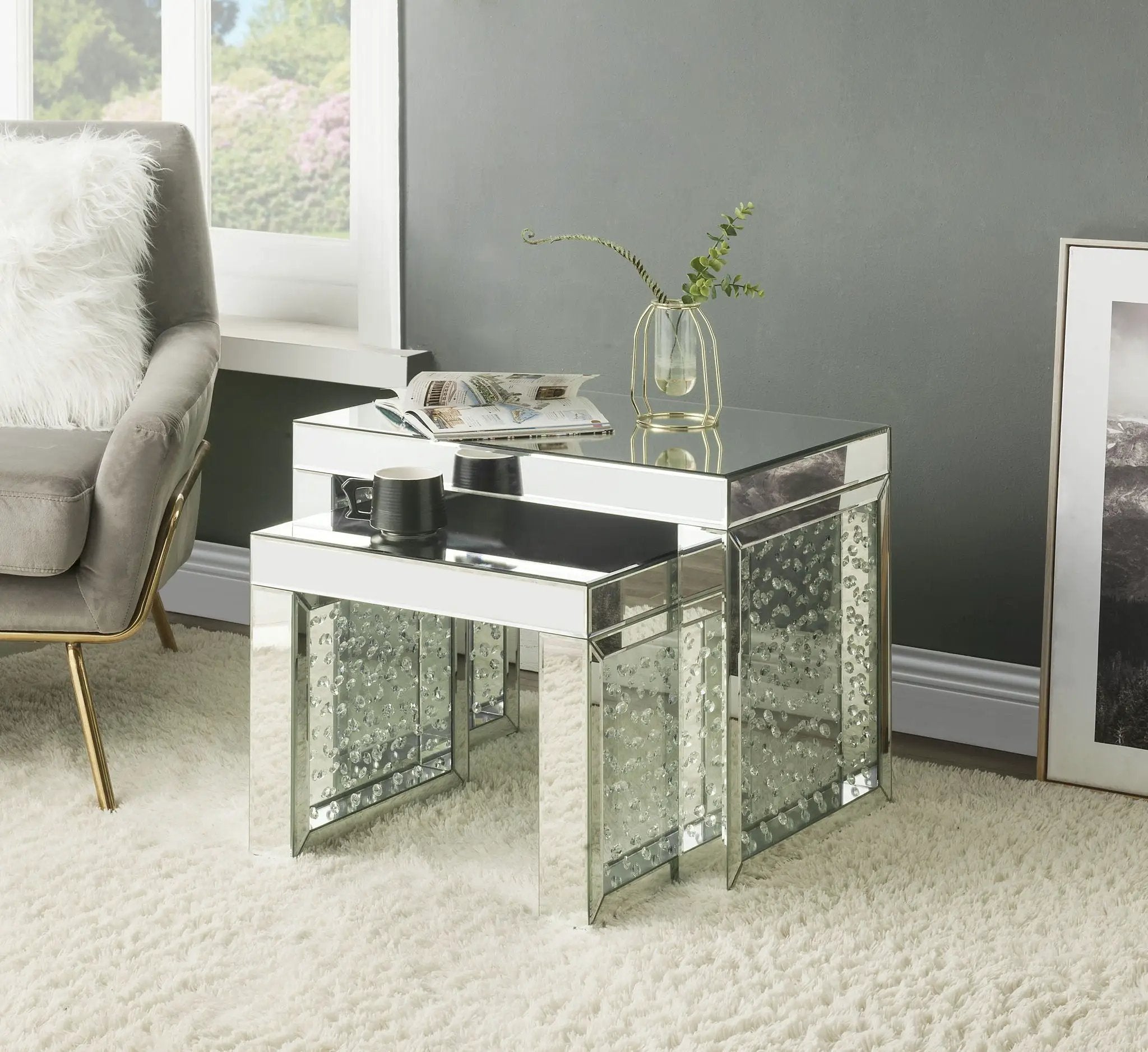 Nysa - 16" Accent Table - Mirrored & Faux Crystals Inlay by Unique Piece Furniture