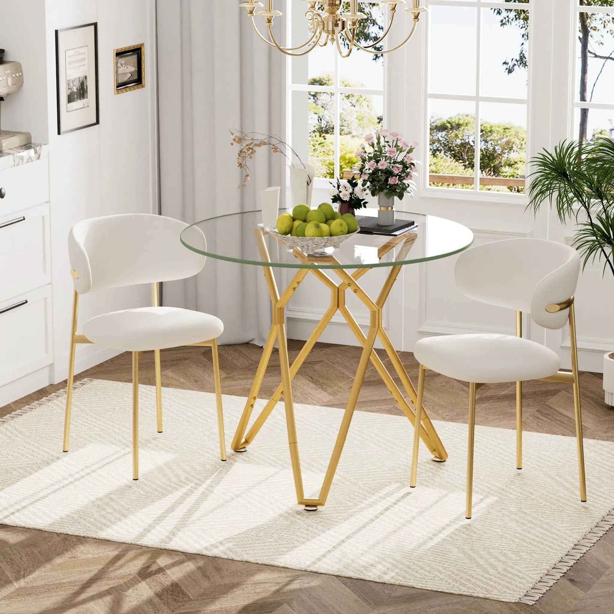 Modern Round Tempered Glass Dining Table With Sturdy Metal Legs For 1 - 4 People - Gold by HouseOfZazla